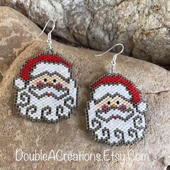 Santa Clause Face Trimmed in Silver Beaded Earrings, New, Handmade by Me - Picture 4 of 5